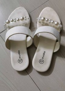 Stylish White Pearl Embellished Slides