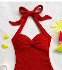 Brand New Red Ribbed Halter Bikini Top