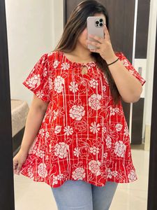 Red and White Floral Print Short-Sleeve Tunic Top