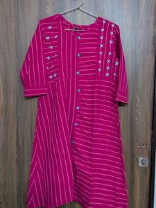 Vibrant Pink Striped Kurta with Floral Embroidery