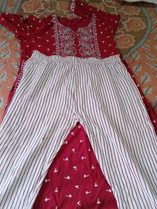 Maroon Embroidered Kurta with Striped Pants