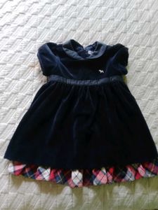 Navy Velvet Dress with Plaid Trim