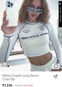 White Graphic Long Sleeve Crop Top