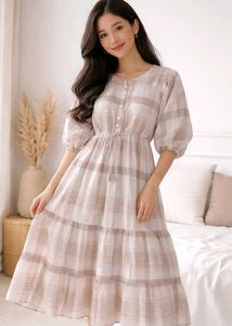Plaid Midi Dress with Puff Sleeves