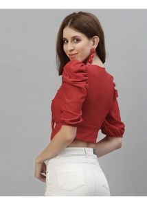 Vibrant Red Puff Sleeve Collared Crop Top