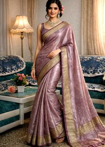 🌙Elegant Lilac Saree with Gold Border+ Blouse 🌙