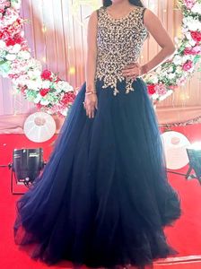 Elegant Navy Blue Embroidered Gown