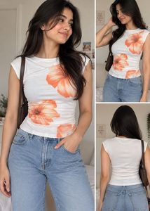 White Floral Print Ruched Top