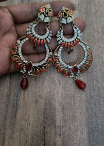 Exquisite Red &amp; White Stone Jhumka Earrings