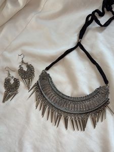 Boho Oxidised Silver Necklace &amp; Earring Set