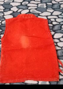 Red Denim Vest &amp; Shorts Set For Kids