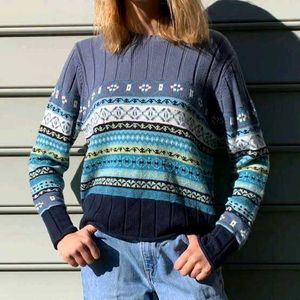 Cozy Blue Patterned Knit Sweater