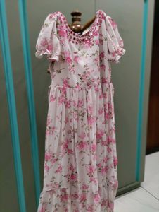 Floral Print Ethnic Gown with Mirror Work