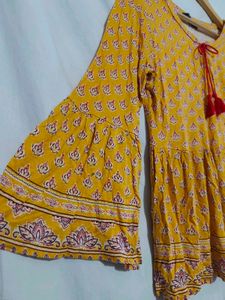 Yellow Printed Peplum Kurti with Bell Sleeves