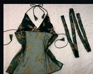 Green & Gold Embroidered Halter Top