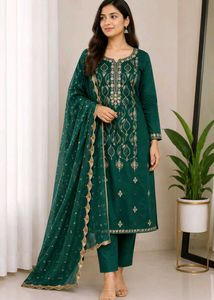 Elegant Green Embroidered dress material