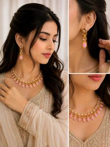 Elegant Pink Stone Necklace and Earring Set