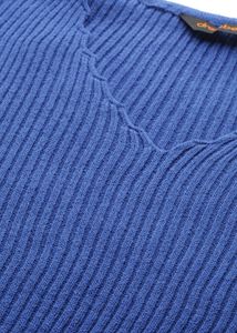 Blue V-Neck Ribbed Knit Top