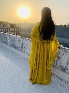 Vibrant Yellow Pleated Ethnic Gown with dupatta💛�