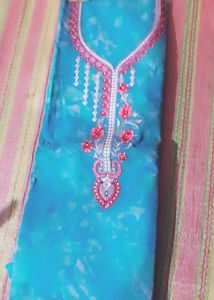 cyan +red Tie-Dye Kurta with Embroidery