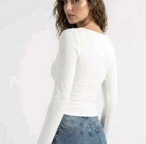 White Long Sleeve Square Neck Crop Top