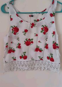 Floral Print Crop Top &amp; Red Skirt Set