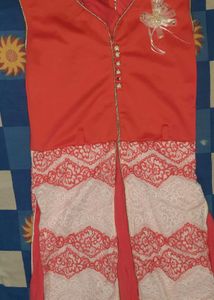 Beautiful Coral Kurta Set with Lace Detail