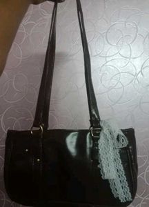 Brown Faux Leather Handbag with Lace Detail