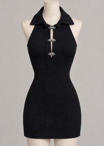 Black Ribbed Collared Halter Dress