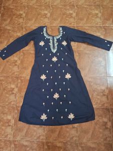 Embroidered Navy Blue Kurta