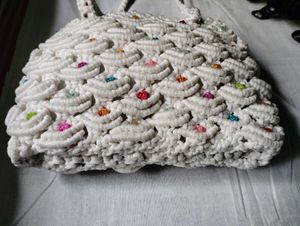 Handmade Off-white Macrame Bag with Beads