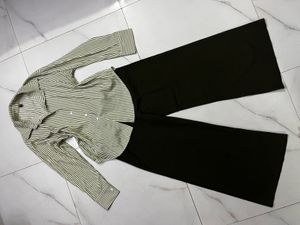 Striped Shirt &amp; Black Wide-Leg Pants Set