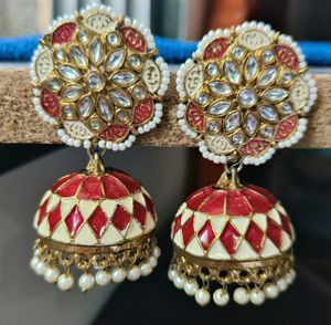 Stunning Red &amp; White Jhumka Earrings