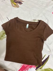 Brown Ribbed Cropped Top