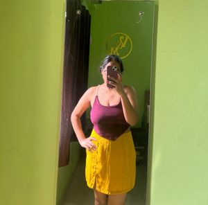 Maroon Crop Top with Pearl Straps and yellow mini