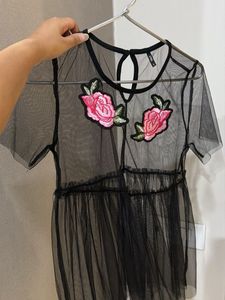 Sheer Black Mesh Top with Rose Appliques