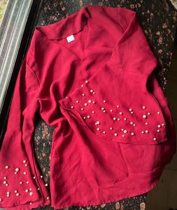 Maroon Bell Sleeve Blouse with Pearls