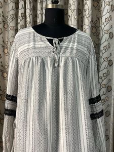 White &amp; Black Striped Kurta with Lace