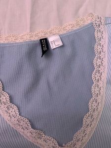 Coquette Baby Blue Ribbed Lace Trim Top