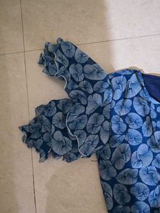 Blue Leaf Print Flared Dress
