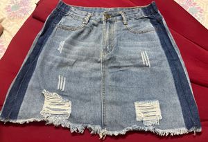 Distressed Denim Skirt with Side Stripes