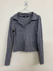 Grey Ribbed Collared Long Sleeve Top