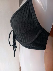 Black Ribbed Lace-Up Bikini Top