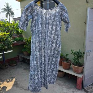 Grey &amp; White Printed Cotton Kurta