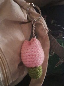 Crocheted Pink Tulip Keychain