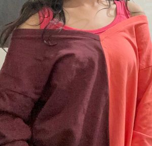 Maroon &amp; Coral Color-Block Off-Shoulder Top