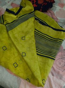 Vibrant Lime Green Saree with Striped Border