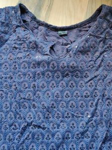full chikankari Embellished Navy Blue long Kurta
