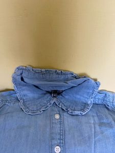 Chic Denim Puff Sleeve Collared Shirt