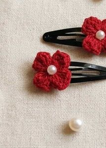 Handmade Red Flower Hair Clips with Pearls